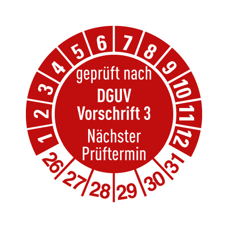 Prüfplakette DGUV Vorschrift 3 mit nächstem Prüftermin