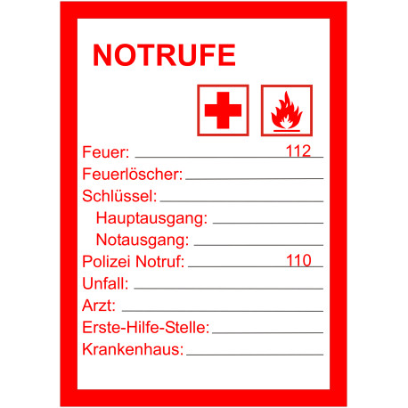 Notruftafel, weiß rot