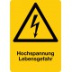 Hochspannung Lebensgefahr kombiniert mit Symbol Warnung vor elektrischer Spannung, Hochformat