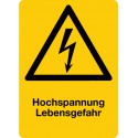 Hochspannung Lebensgefahr kombiniert mit Symbol Warnung vor elektrischer Spannung, Hochformat