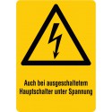 Auch bei ausgeschaltetem Hauptschalter unter Spannung, kombiniert mit Symbol Warnung vor elektrischer Spannung (W012)